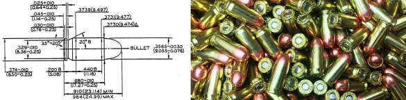 Desenho técnico com as medidas do cartucho .380 Auto ao lado de cartuchos de pistola