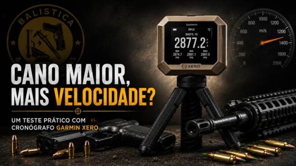 Cronógrafo Garmin Xero sobre tripé ao lado de pistola, fuzil e cartuchos, com o título Cano maior, mais velocidade?
